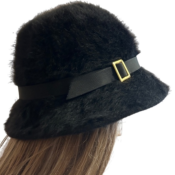 Kangol Fuzzy Angora Hat  Wool Soft Furry Luxe Bucket Cloche Trilby Black Vintage - Picture 7 of 11